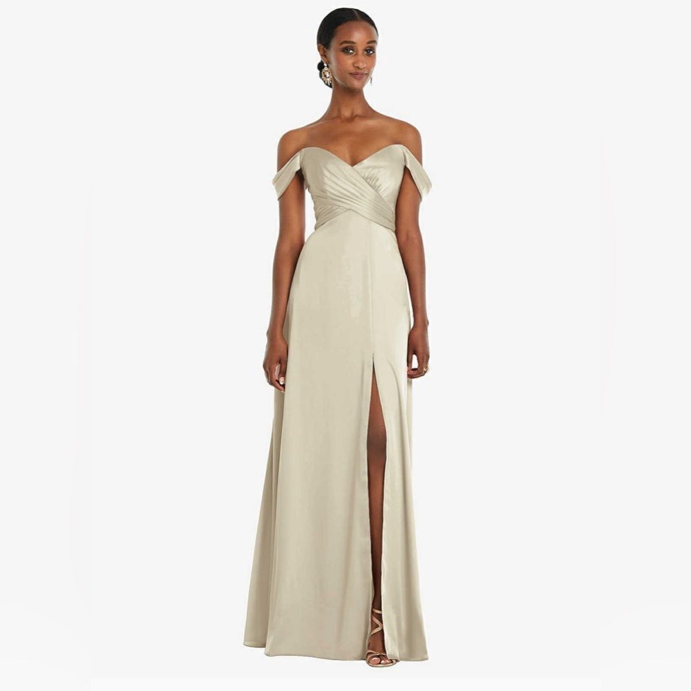 Off-The-Shoulder Flounce Sleeve Empire Waist Gown With Front Slit In Champagne